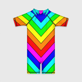 Детский купальный костюм 3D с принтом Rainbow Stripes в Курске, Полиэстер 85%, Спандекс 15% | застежка на молнии на спине | geometry | gradient | neon | геометрические | градиент | детям | кислота | кислотный | конус | красочный | линии | неоновые | пирамида | полоска | полосы | радуга | радужный | разноцветные | сочный | треугольники