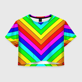 Женская футболка Crop-top 3D с принтом Rainbow Stripes в Курске, 100% полиэстер | круглая горловина, длина футболки до линии талии, рукава с отворотами | geometry | gradient | neon | геометрические | градиент | детям | кислота | кислотный | конус | красочный | линии | неоновые | пирамида | полоска | полосы | радуга | радужный | разноцветные | сочный | треугольники