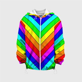 Детская куртка 3D с принтом Rainbow Stripes в Курске, 100% полиэстер | застежка — молния, подол и капюшон оформлены резинкой с фиксаторами, по бокам — два кармана без застежек, один потайной карман на груди, плотность верхнего слоя — 90 г/м2; плотность флисового подклада — 260 г/м2 | Тематика изображения на принте: geometry | gradient | neon | геометрические | градиент | детям | кислота | кислотный | конус | красочный | линии | неоновые | пирамида | полоска | полосы | радуга | радужный | разноцветные | сочный | треугольники