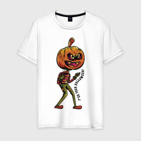 Мужская футболка хлопок с принтом Halloween в Курске, 100% хлопок | прямой крой, круглый вырез горловины, длина до линии бедер, слегка спущенное плечо. | eyes | halloween | jaw | phrase | pumpkin | пасть | фраза | хэллоуин