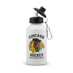 Бутылка спортивная с принтом CHICAGO BLACKHAWKS NHL в Курске, металл | емкость — 500 мл, в комплекте две пластиковые крышки и карабин для крепления | blackhawks | ccm | chicago | hockey | nhl | sport | usa | блэкхоукс | индеец | нхл | спорт | сша | хоккей | чикаго
