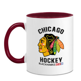 Кружка двухцветная с принтом CHICAGO BLACKHAWKS NHL в Курске, керамика | объем — 330 мл, диаметр — 80 мм. Цветная ручка и кайма сверху, в некоторых цветах — вся внутренняя часть | blackhawks | ccm | chicago | hockey | nhl | sport | usa | блэкхоукс | индеец | нхл | спорт | сша | хоккей | чикаго