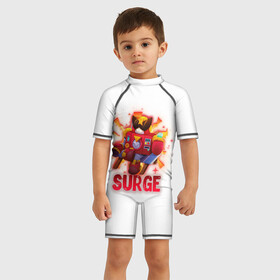 Детский купальный костюм 3D с принтом Сердж Бравл Старс (Surge BS) в Курске, Полиэстер 85%, Спандекс 15% | застежка на молнии на спине | brawl stars | brawler | miphic | surge | бравл старс | бравлер | мифический | сердж