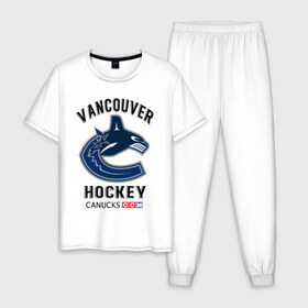 Мужская пижама хлопок с принтом VANCOUVER CANUCKS NHL в Курске, 100% хлопок | брюки и футболка прямого кроя, без карманов, на брюках мягкая резинка на поясе и по низу штанин
 | Тематика изображения на принте: canada | canucks | hockey | nhl | sport | usa | vancouver | акула | ванкувер | канада | кэнакс | логотип | нхл | спорт | хоккей | челюсти