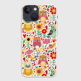 Чехол для iPhone 13 mini с принтом Красочные совы и цветы в Курске,  |  | autumn | cute | flowers | spring | summer | весна | воробей | лепестки | лето | маки | милота | милые | облака | облачка | осень | поле | природа | птичка | птички | ромашки | сердечки | синица | синичка | сова | совушки