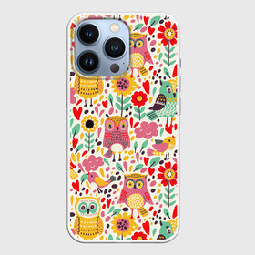 Чехол для iPhone 13 Pro с принтом Красочные совы и цветы в Курске,  |  | autumn | cute | flowers | spring | summer | весна | воробей | лепестки | лето | маки | милота | милые | облака | облачка | осень | поле | природа | птичка | птички | ромашки | сердечки | синица | синичка | сова | совушки