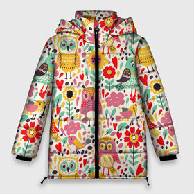 Женская зимняя куртка 3D с принтом Красочные совы и цветы в Курске, верх — 100% полиэстер; подкладка — 100% полиэстер; утеплитель — 100% полиэстер | длина ниже бедра, силуэт Оверсайз. Есть воротник-стойка, отстегивающийся капюшон и ветрозащитная планка. 

Боковые карманы с листочкой на кнопках и внутренний карман на молнии | autumn | cute | flowers | spring | summer | весна | воробей | лепестки | лето | маки | милота | милые | облака | облачка | осень | поле | природа | птичка | птички | ромашки | сердечки | синица | синичка | сова | совушки