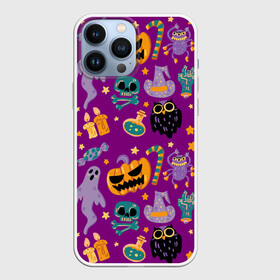 Чехол для iPhone 13 Pro Max с принтом Happy Halloween в Курске,  |  | Тематика изображения на принте: bones | candle | candy | fangs | flask | ghost | hand | hat | jaw | owl | pumpkin | skull | star | звезда | клыки | колба | конфета | кости | пасть | призрак | рука | свеча | сова | череп | шляпа