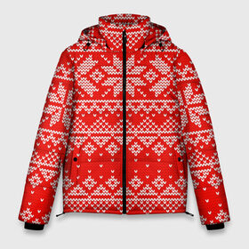Мужская зимняя куртка 3D с принтом Красный зимний орнамент в Курске, верх — 100% полиэстер; подкладка — 100% полиэстер; утеплитель — 100% полиэстер | длина ниже бедра, свободный силуэт Оверсайз. Есть воротник-стойка, отстегивающийся капюшон и ветрозащитная планка. 

Боковые карманы с листочкой на кнопках и внутренний карман на молнии. | Тематика изображения на принте: geometry | new year | pattern | retro | snow | winter | аляска | вязаный | геометрия | девяностые | дед мороз | зима | ковер | новогодние | новый год | олени | паттерн | подарок | ретро | рождество | свитер | снег | снеговик