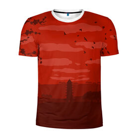 Мужская футболка 3D спортивная с принтом Сакура в Курске, 100% полиэстер с улучшенными характеристиками | приталенный силуэт, круглая горловина, широкие плечи, сужается к линии бедра | Тематика изображения на принте: арт | башня | китайская башня | сакура | туристическое