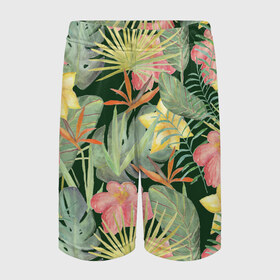 Детские спортивные шорты 3D с принтом Тропические растения и цветы в Курске,  100% полиэстер
 | пояс оформлен широкой мягкой резинкой, ткань тянется
 | банан | желтый | зеленый | красный | листья | орхидея | пальма | плюмерия | стрелиция | тропики | цветы | экзотика