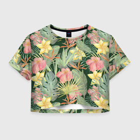Женская футболка Crop-top 3D с принтом Тропические растения и цветы в Курске, 100% полиэстер | круглая горловина, длина футболки до линии талии, рукава с отворотами | банан | желтый | зеленый | красный | листья | орхидея | пальма | плюмерия | стрелиция | тропики | цветы | экзотика