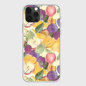 Чехол для iPhone 12 Pro Max с принтом Фрукты. Фруктовый сад в Курске, Силикон |  | Тематика изображения на принте: груша | желтый | лист | плод | половина | сад | слива | сочный | спелый | урожай | фиолетовый | фрукты | целое | яблоко