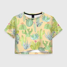 Женская футболка Crop-top 3D с принтом Кактусы в пустыне в Курске, 100% полиэстер | круглая горловина, длина футболки до линии талии, рукава с отворотами | жара | желтый | засуха | зеленый | кактус | колючки | песок | пустыня | солнечный | цветок