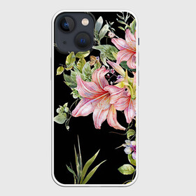 Чехол для iPhone 13 mini с принтом Букет лилий в Курске,  |  | арт | лилии | рисунок | розовый | цветок | цветы | чёрный