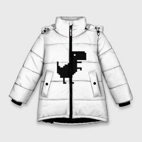 Зимняя куртка для девочек 3D с принтом Google динозаврик в Курске, ткань верха — 100% полиэстер; подклад — 100% полиэстер, утеплитель — 100% полиэстер. | длина ниже бедра, удлиненная спинка, воротник стойка и отстегивающийся капюшон. Есть боковые карманы с листочкой на кнопках, утяжки по низу изделия и внутренний карман на молнии. 

Предусмотрены светоотражающий принт на спинке, радужный светоотражающий элемент на пуллере молнии и на резинке для утяжки. | Тематика изображения на принте: dino | dinomax | googledino | дино | динозавр | потерялся