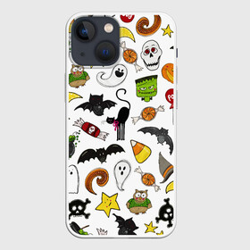 Чехол для iPhone 13 mini с принтом Хэллоуин паттерн в Курске,  |  | cartoon | halloween | monsters | pattern | ведьма | детям | животные | звезда | звери | зомби | конфеты | кости | кошка | крылья | летучая мышь | монстры | нечисть | паук | паутина | подарок | привидение | призрак | скелет