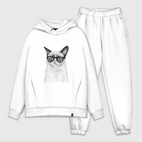 Мужской костюм хлопок OVERSIZE с принтом Кот хипстер в Курске,  |  | grumpy cat | арт | кот | кошка | очки | рисунок | хипстер | черный | чёрный белый