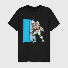 Мужская футболка хлопок Slim с принтом Portal в Курске, 92% хлопок, 8% лайкра | приталенный силуэт, круглый вырез ворота, длина до линии бедра, короткий рукав | astronaut | cosmonaut | cosmos | door | enter | portal | space | spacesuit | вход | дверь | космонавт | космос | портал | скафандр