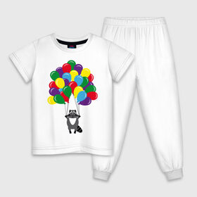 Детская пижама хлопок с принтом Енот с шариками в Курске, 100% хлопок |  брюки и футболка прямого кроя, без карманов, на брюках мягкая резинка на поясе и по низу штанин
 | воздушные шарики | енот | мультяшный | разноцветный