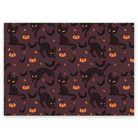 Поздравительная открытка с принтом Хэллоуиновский кот в Курске, 100% бумага | плотность бумаги 280 г/м2, матовая, на обратной стороне линовка и место для марки
 | арт | конфеты | кот | котёнок | кошка | оранжевый | рисунок | тёмный | тыква | тыквы | фиолетовый | хеллоуин | хэллоуин | чёрный