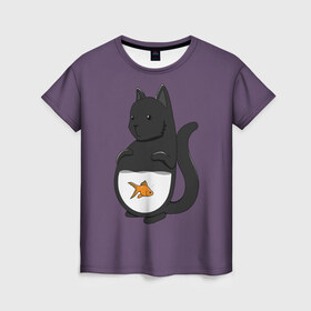 Женская футболка 3D с принтом Довольный кот в Курске, 100% полиэфир ( синтетическое хлопкоподобное полотно) | прямой крой, круглый вырез горловины, длина до линии бедер | аквариум | арт | вода | золотая рыбка | кот | котёнок | кошка | рисунок | рыба | рыбка | фиолетовый | чёрная кошка | черный кот | чёрный котёнок