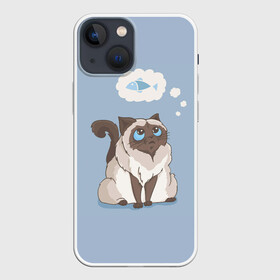 Чехол для iPhone 13 mini с принтом Голодный котейка в Курске,  |  | арт | бирманская кошка | бирманский кот | бирманский котёнок | голодный | кот | котёнок | кошка | мечтательный | мысли | рисунок | рыба | рыбка