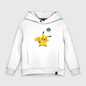 Детское худи Oversize хлопок с принтом Pokemon pikachu 1 в Курске, френч-терри — 70% хлопок, 30% полиэстер. Мягкий теплый начес внутри —100% хлопок | боковые карманы, эластичные манжеты и нижняя кромка, капюшон на магнитной кнопке | Тематика изображения на принте: pokeball | pokemon | игры | покемоны