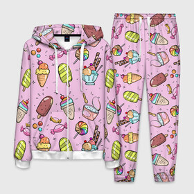 Мужской костюм 3D с принтом Сладкоежка в Курске, 100% полиэстер | Манжеты и пояс оформлены тканевой резинкой, двухслойный капюшон со шнурком для регулировки, карманы спереди | вафельный стаканчик | дарже | десерты | закуски | конфеты | леденец | мороженное | пломбир | сладкое | сладкоежка | снеки | шоколадки