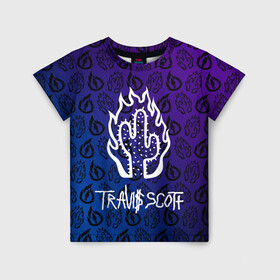Детская футболка 3D с принтом TRAVIS SCOTT в Курске, 100% гипоаллергенный полиэфир | прямой крой, круглый вырез горловины, длина до линии бедер, чуть спущенное плечо, ткань немного тянется | scott | travis | travis scott | арт | градиент | значки | значлк | исполнитель | кактус | лого | логотип | музыка | музыкант | огонь | певец | певец трэвис скотт | песни | пламя | пясня | рэп | рэпер | скотт | трэвис