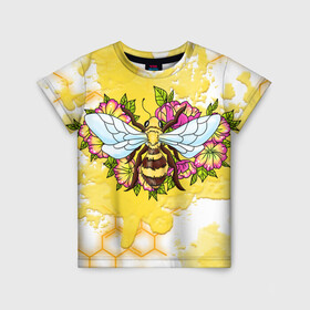 Детская футболка 3D с принтом Пчела в Курске, 100% гипоаллергенный полиэфир | прямой крой, круглый вырез горловины, длина до линии бедер, чуть спущенное плечо, ткань немного тянется | Тематика изображения на принте: крылья | мёд | оса | пчела | пчёлы | соты | цветы