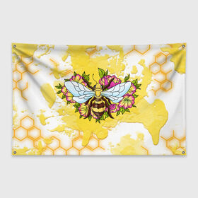 Флаг-баннер с принтом Пчела в Курске, 100% полиэстер | размер 67 х 109 см, плотность ткани — 95 г/м2; по краям флага есть четыре люверса для крепления | крылья | мёд | оса | пчела | пчёлы | соты | цветы