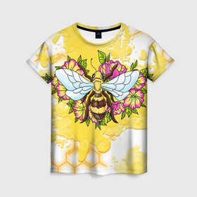 Женская футболка 3D с принтом Пчела в Курске, 100% полиэфир ( синтетическое хлопкоподобное полотно) | прямой крой, круглый вырез горловины, длина до линии бедер | Тематика изображения на принте: крылья | мёд | оса | пчела | пчёлы | соты | цветы