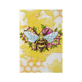 Обложка для паспорта матовая кожа с принтом Пчела в Курске, натуральная матовая кожа | размер 19,3 х 13,7 см; прозрачные пластиковые крепления | Тематика изображения на принте: крылья | мёд | оса | пчела | пчёлы | соты | цветы