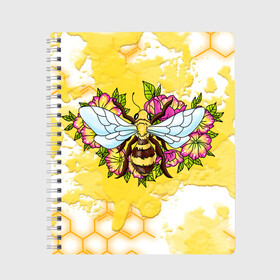 Тетрадь с принтом Пчела в Курске, 100% бумага | 48 листов, плотность листов — 60 г/м2, плотность картонной обложки — 250 г/м2. Листы скреплены сбоку удобной пружинной спиралью. Уголки страниц и обложки скругленные. Цвет линий — светло-серый
 | крылья | мёд | оса | пчела | пчёлы | соты | цветы