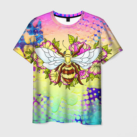 Мужская футболка 3D с принтом Пчела и цветы в Курске, 100% полиэфир | прямой крой, круглый вырез горловины, длина до линии бедер | космос | пчела | пчёлка | пчёлы | туманность | цветы