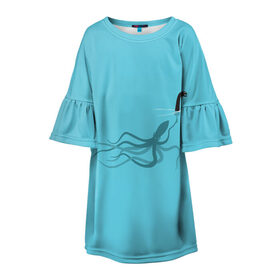Детское платье 3D с принтом Тайна Лох-несского чудовища в Курске, 100% полиэстер | прямой силуэт, чуть расширенный к низу. Круглая горловина, на рукавах — воланы | Тематика изображения на принте: арт | море | осьминог | рисунок | синий | шутка