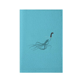Обложка для паспорта матовая кожа с принтом Тайна Лох-несского чудовища в Курске, натуральная матовая кожа | размер 19,3 х 13,7 см; прозрачные пластиковые крепления | Тематика изображения на принте: арт | море | осьминог | рисунок | синий | шутка
