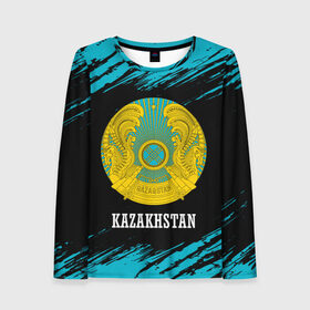 Женский лонгслив 3D с принтом KAZAKHSTAN / КАЗАХСТАН в Курске, 100% полиэстер | длинные рукава, круглый вырез горловины, полуприлегающий силуэт | flag | kazakhstan | qazaqstan | герб | захах | казахстан | кахахи | лого | нур султан | республика | символ | страна | флаг