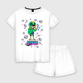 Женская пижама с шортиками хлопок с принтом Brawl STARS(Леон) в Курске, 100% хлопок | футболка прямого кроя, шорты свободные с широкой мягкой резинкой | brawl | leon | moba | stars | supercell | игра | коллаж | леон | паттерн
