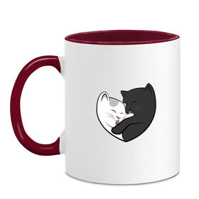 Кружка двухцветная с принтом Влюблённые котики в Курске, керамика | объем — 330 мл, диаметр — 80 мм. Цветная ручка и кайма сверху, в некоторых цветах — вся внутренняя часть | арт | белая кошка | белый кот | влюблённые | кот | кот и кошка | кошка | любовь | пара | рисунок | чёрная кошка | чёрный кот