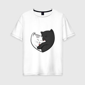 Женская футболка хлопок Oversize с принтом Влюблённые котики в Курске, 100% хлопок | свободный крой, круглый ворот, спущенный рукав, длина до линии бедер
 | арт | белая кошка | белый кот | влюблённые | кот | кот и кошка | кошка | любовь | пара | рисунок | чёрная кошка | чёрный кот