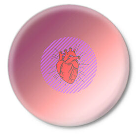 Значок с принтом Сердечко на розовом фоне в Курске,  металл | круглая форма, металлическая застежка в виде булавки | круг | любовь | неон | полосатый | розовый | сердце | сияние | фиолетовый