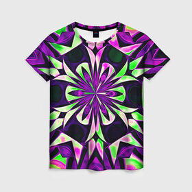 Женская футболка 3D с принтом Kaleidoscope в Курске, 100% полиэфир ( синтетическое хлопкоподобное полотно) | прямой крой, круглый вырез горловины, длина до линии бедер | abstraction | fractal | kaleidoscope | light green | pattern | purple | symmetry | абстракция | калейдоскоп | салатовый | симметрия | узор | фиолетовый | фрактал