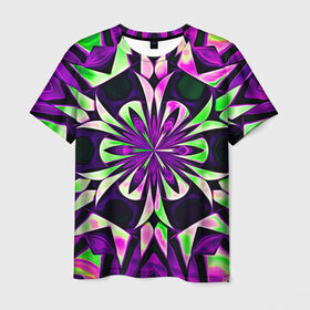 Мужская футболка 3D с принтом Kaleidoscope в Курске, 100% полиэфир | прямой крой, круглый вырез горловины, длина до линии бедер | abstraction | fractal | kaleidoscope | light green | pattern | purple | symmetry | абстракция | калейдоскоп | салатовый | симметрия | узор | фиолетовый | фрактал