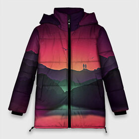 Женская зимняя куртка 3D с принтом Фиолетовый рассвет в Курске, верх — 100% полиэстер; подкладка — 100% полиэстер; утеплитель — 100% полиэстер | длина ниже бедра, силуэт Оверсайз. Есть воротник-стойка, отстегивающийся капюшон и ветрозащитная планка. 

Боковые карманы с листочкой на кнопках и внутренний карман на молнии | colors | закат | кровавый закат | кровавый рассвет | река между гор | цвета