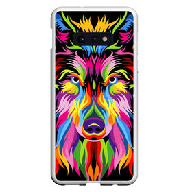 Чехол для Samsung S10E с принтом Neon wolf в Курске, Силикон | Область печати: задняя сторона чехла, без боковых панелей | color | ears | eyes | muzzle | neon | nose | paint | skin | view | wolf | взгляд | волк | глаза | краска | неон | нос | уши | цвет | шерсть