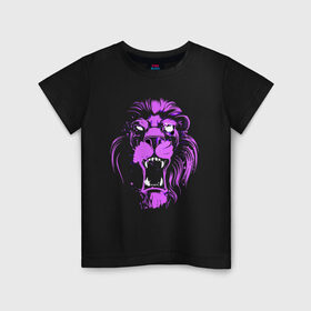 Детская футболка хлопок с принтом Neon lion в Курске, 100% хлопок | круглый вырез горловины, полуприлегающий силуэт, длина до линии бедер | ears | eyes | fangs | jaw | lion | mane | muzzle | neon | глаза | грива | клыки | лев | неон | пасть | уши