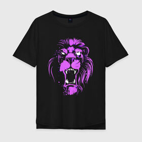 Мужская футболка хлопок Oversize с принтом Neon lion в Курске, 100% хлопок | свободный крой, круглый ворот, “спинка” длиннее передней части | ears | eyes | fangs | jaw | lion | mane | muzzle | neon | глаза | грива | клыки | лев | неон | пасть | уши