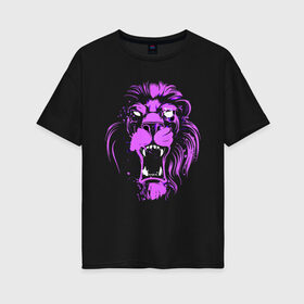 Женская футболка хлопок Oversize с принтом Neon lion в Курске, 100% хлопок | свободный крой, круглый ворот, спущенный рукав, длина до линии бедер
 | ears | eyes | fangs | jaw | lion | mane | muzzle | neon | глаза | грива | клыки | лев | неон | пасть | уши